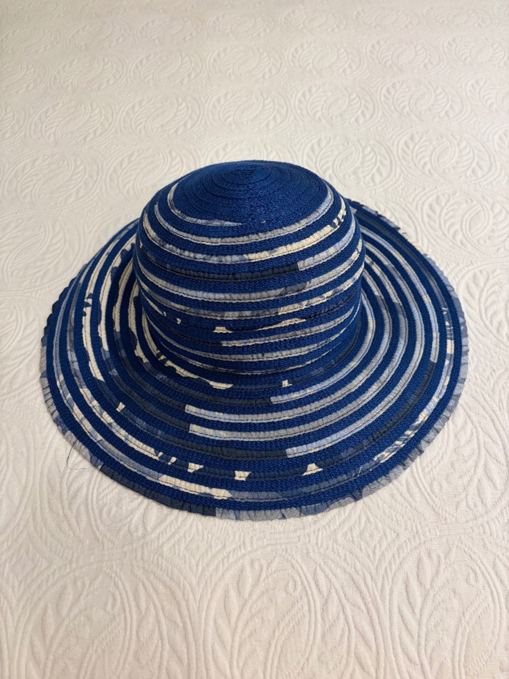 Salvatore Ferragamo Silk-Cotton Striped Sun Hat - Made in Italy - Navy/Blue/Crea